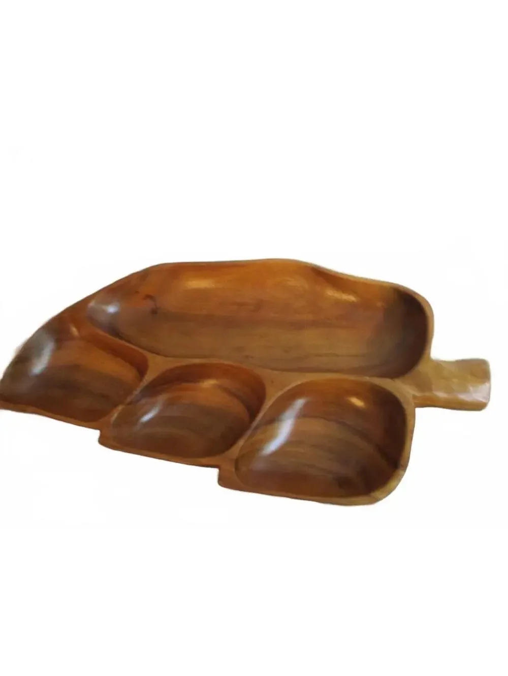 Vintage Monkey Pod Wood Divided Serving Tray 4 Section Leaf Platter 1960s MCM